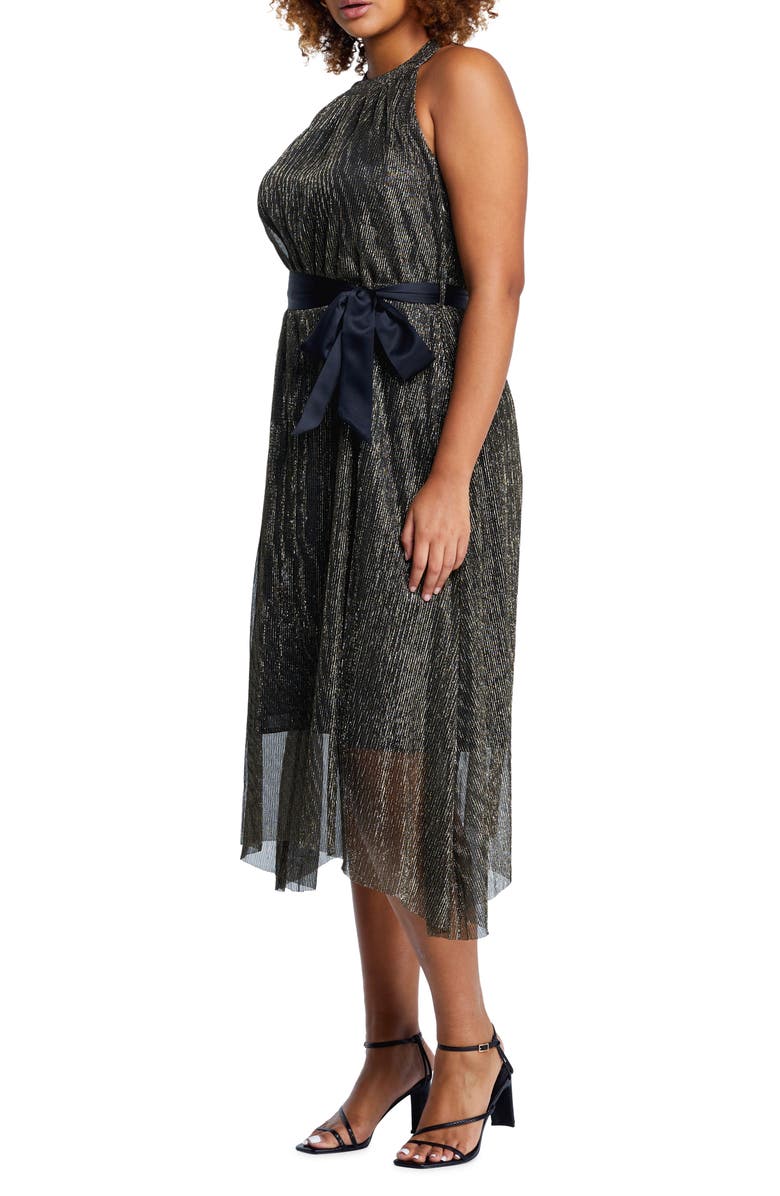 Estelle Gloria Metallic Plissé Halter Midi Dress, Alternate, color, Black/ Gold