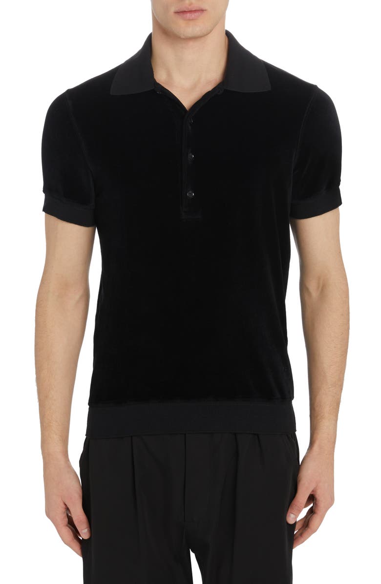 TOM FORD Short Sleeve Cotton & Modal Blend Velour Polo, Main, color, Black