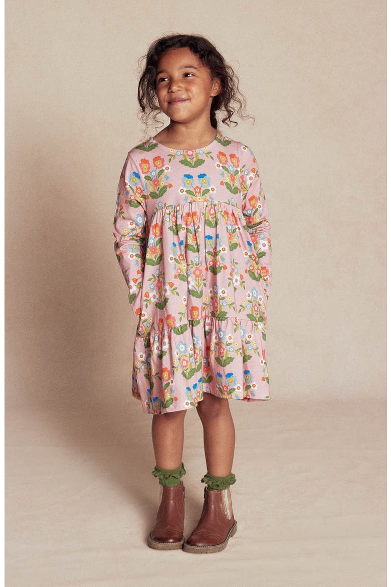 Kids' Floral Long Sleeve Tiered Cotton Jersey Dress, Alternate, color, PINK WOODBLOCK