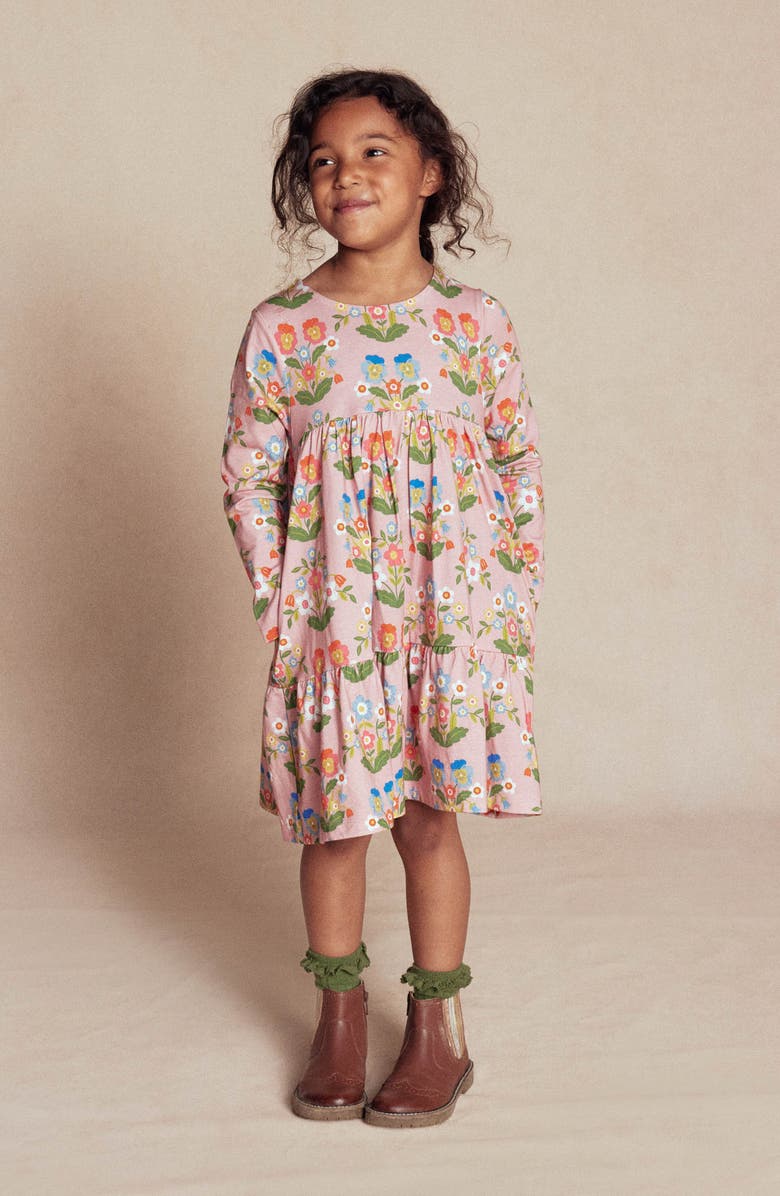 Mini Boden Kids' Floral Long Sleeve Tiered Cotton Jersey Dress, Alternate, color, Pink Woodblock