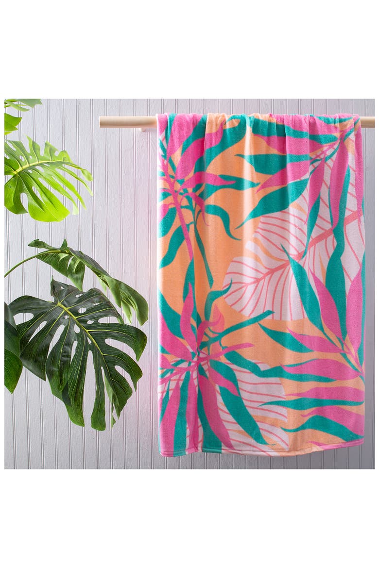 Tropical Leaves Rectangle Beach Towel, Alternate, color, PINKS WITH BLUE