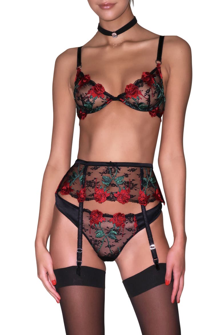 Fuller Cup Bleeding Rose Embroidered Underwire Bra, Alternate, color, BLACK
