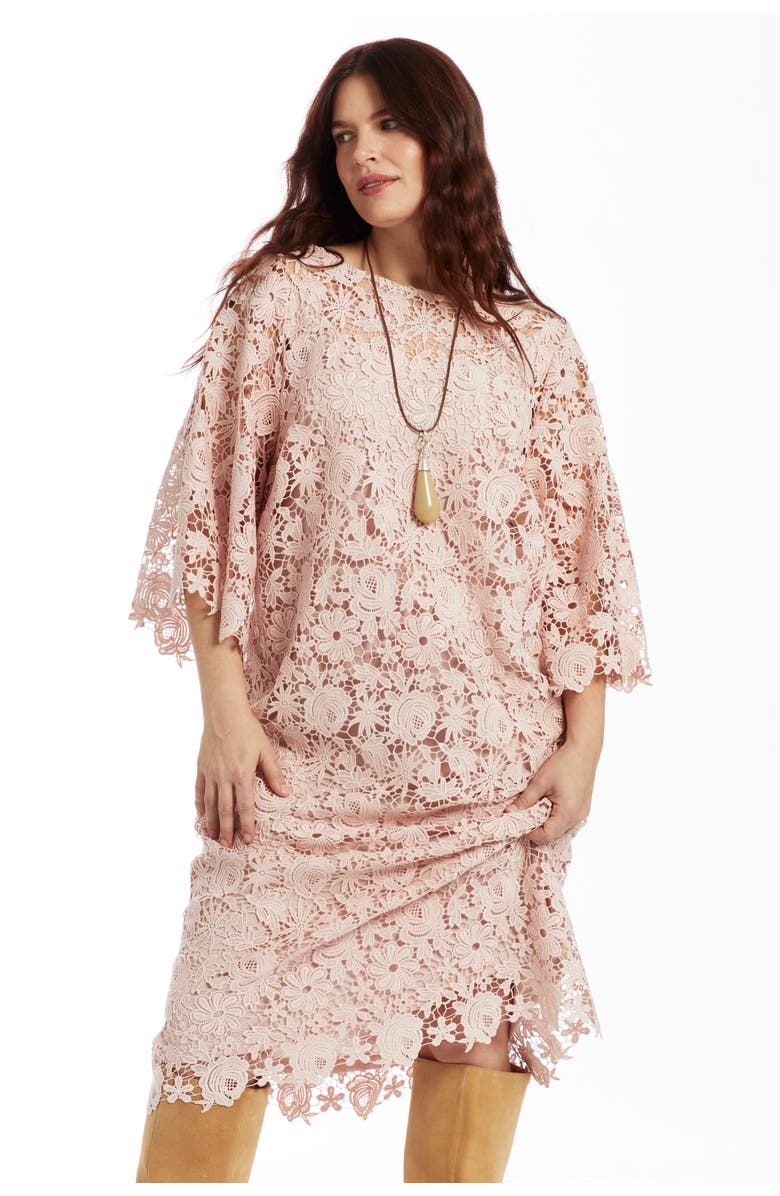 June + Vie Bell-Sleeve Lace Midi Dress, Alternate, color, Sepia Rose