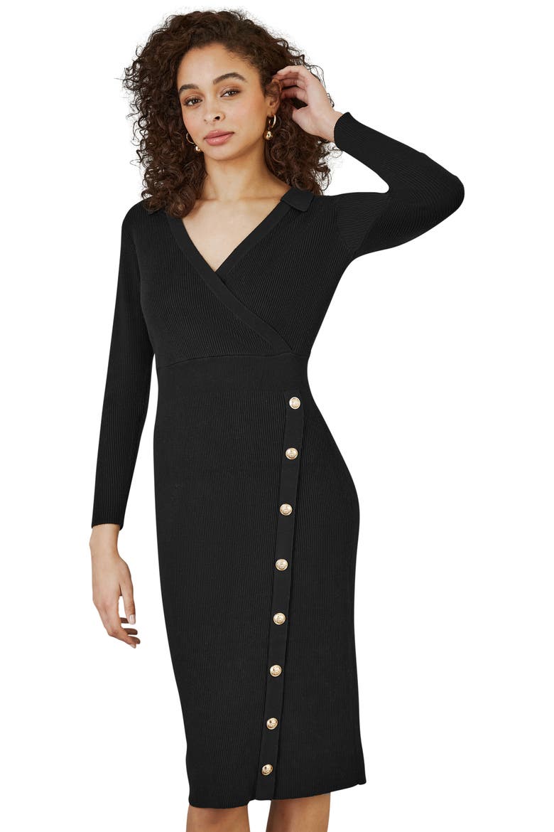Knitted Button Detailed Midi Dress, Main, color, Black