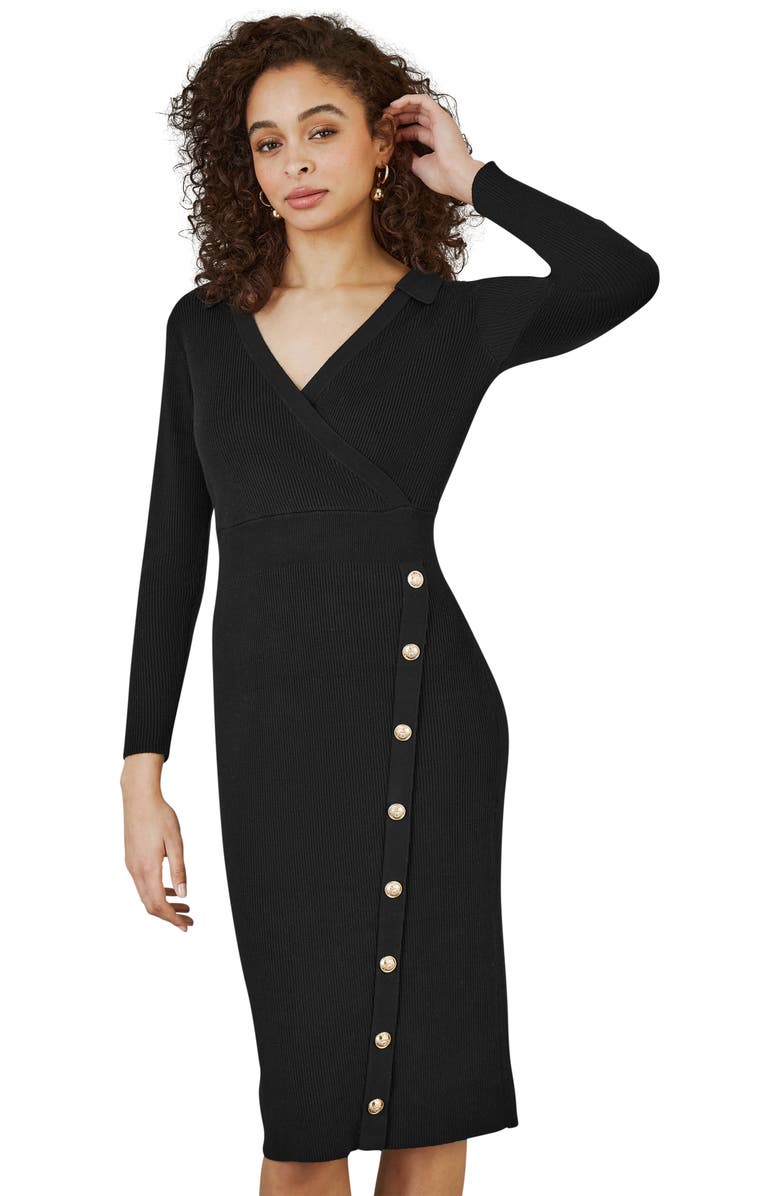 Yumi Knitted Button Detailed Midi Dress, Main, color, Black