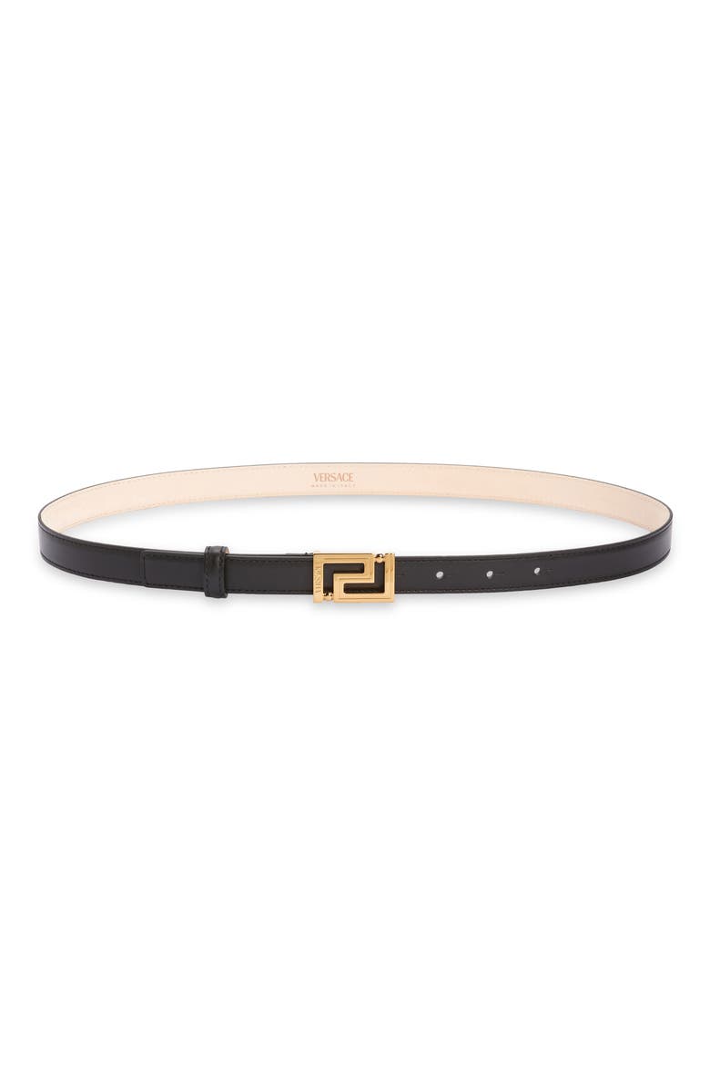 Greca Buckle Leather Belt, Main, color, BLACK/ VERSACE GOLD