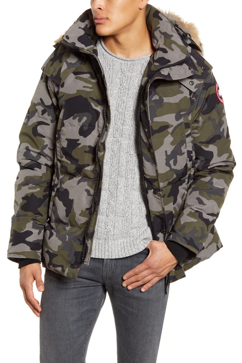Wyndham 625 Fill Power Down Jacket with Genuine Coyote Fur Trim, Main, color, CLASSIC CAMO COASTAL GREY