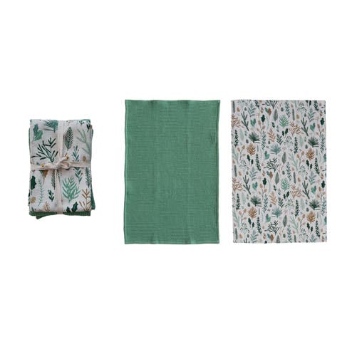 2-Piece Woven Waffle Weave/Slub Printed Tea Towels with Botanical Pattern, Multicolor