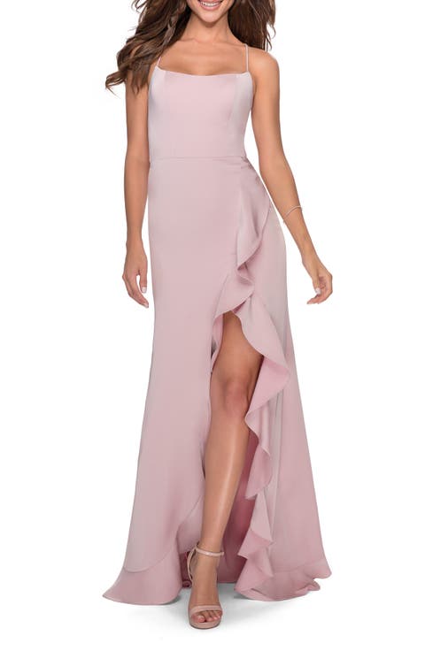Ruffle Prom Dress with Scoop Neck and Lace Up Back