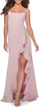 La Femme Ruffle Prom Dress with Scoop Neck and Lace Up Back