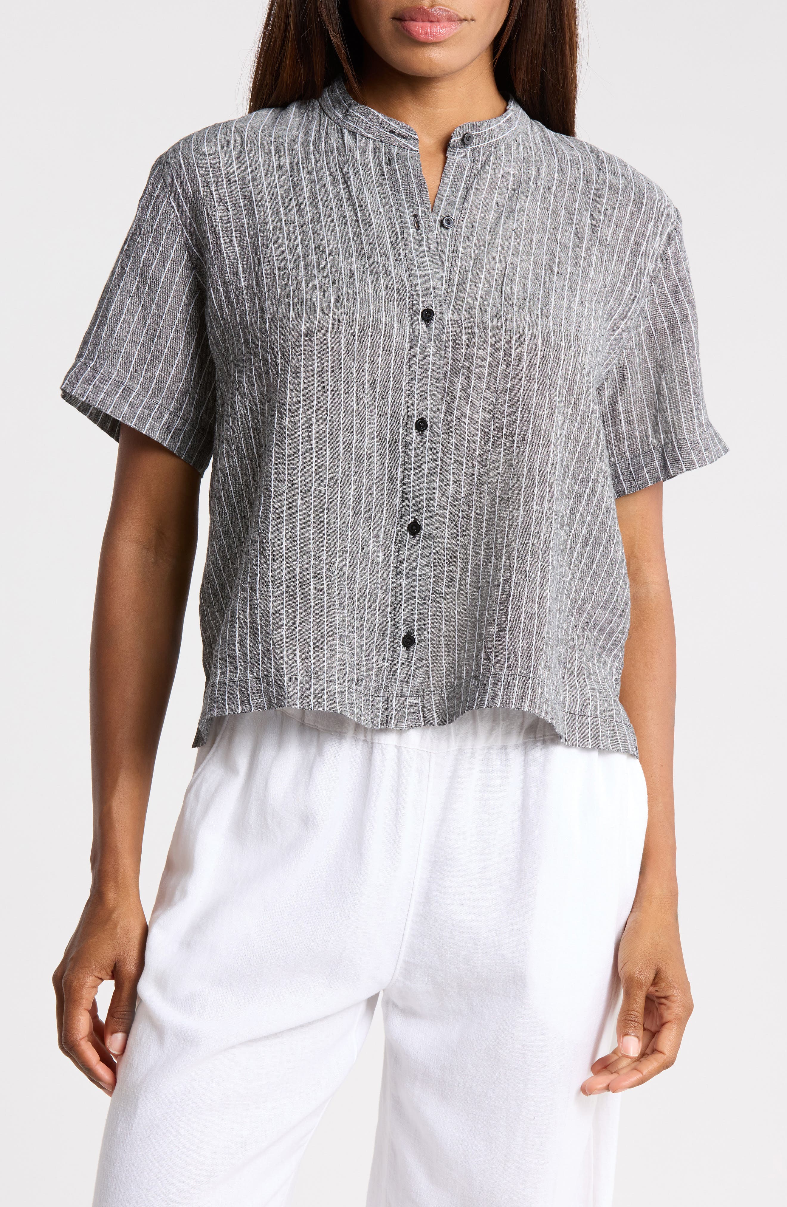 Striped Organic Linen Mandarin Collar Shirt