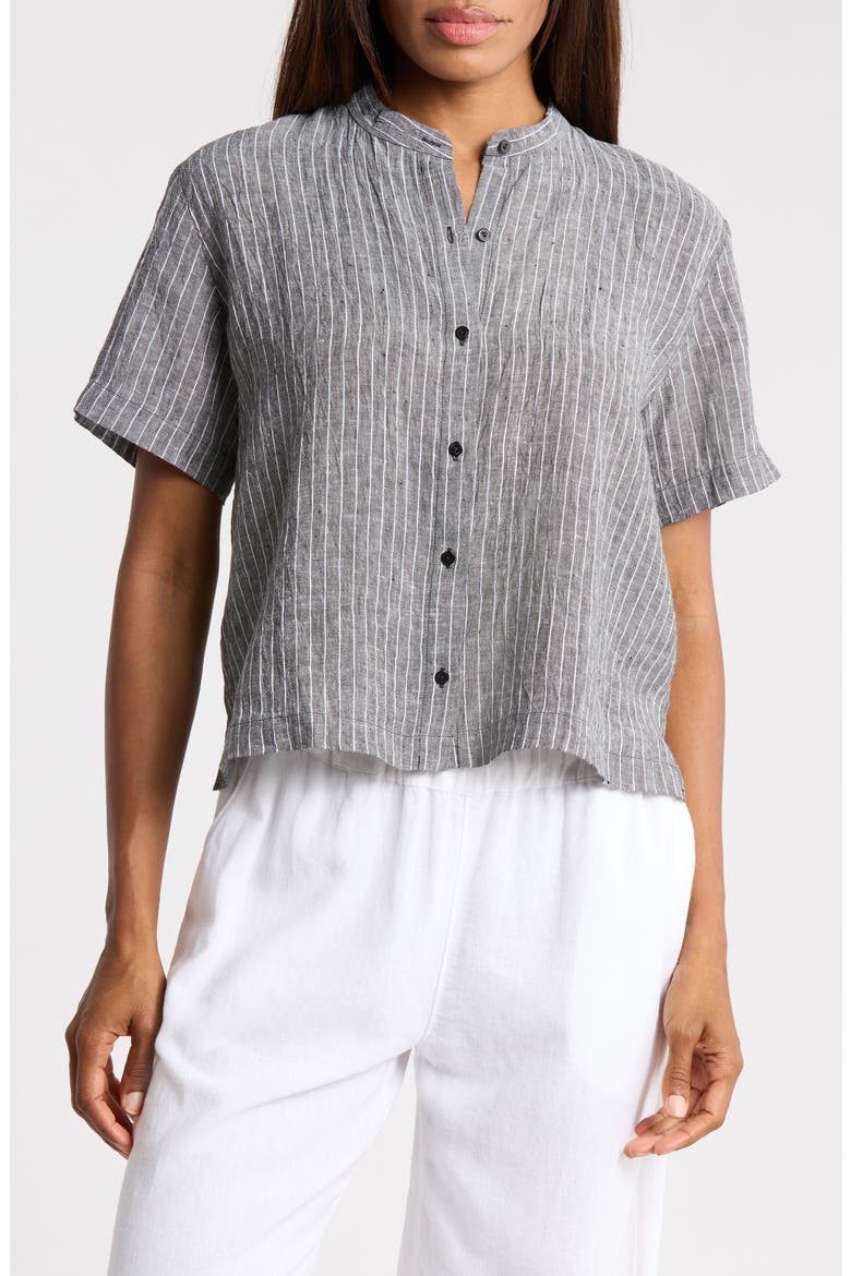 Striped Organic Linen Mandarin Collar Shirt, Main, color, BLACK/ WHITE