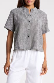 Eileen Fisher Striped Organic Linen Mandarin Collar Shirt
