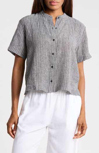 Striped Organic Linen Mandarin Collar Shirt