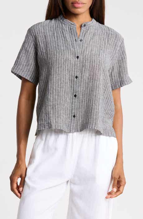 Striped Organic Linen Mandarin Collar Shirt