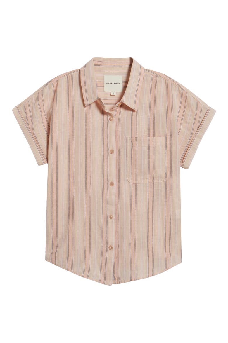 Stripe Short Sleeve Cotton & Linen Button-Up Shirt, Alternate, color, CREAM STRIPE