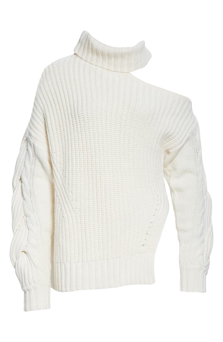 Simkhai Jonathan Simkhai Aubrey Traveling Cold Shoulder Cable Knit Turtleneck Sweater, Alternate, color, 