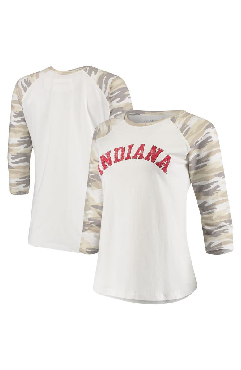 CAMP DAVID Women's White/Camo Indiana Hoosiers Boyfriend Baseball Raglan 3/4 Sleeve T-Shirt, Main, color, White