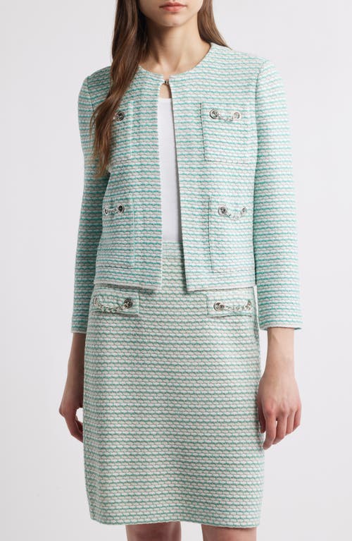 Shop Ming Wang X Tanya Foster Heritage Fit Textured Stitch Knit Jacket In Limestone/emerald Awe/white