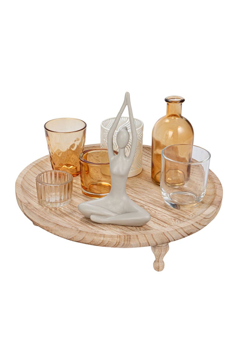 Glass Votive Holders with Yoga Figure on a Round Wood Tray, Multicolor, Set of 6, Main, color, Yellow