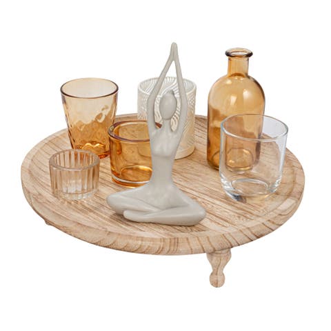 Glass Votive Holders with Yoga Figure on a Round Wood Tray, Multicolor, Set of 6