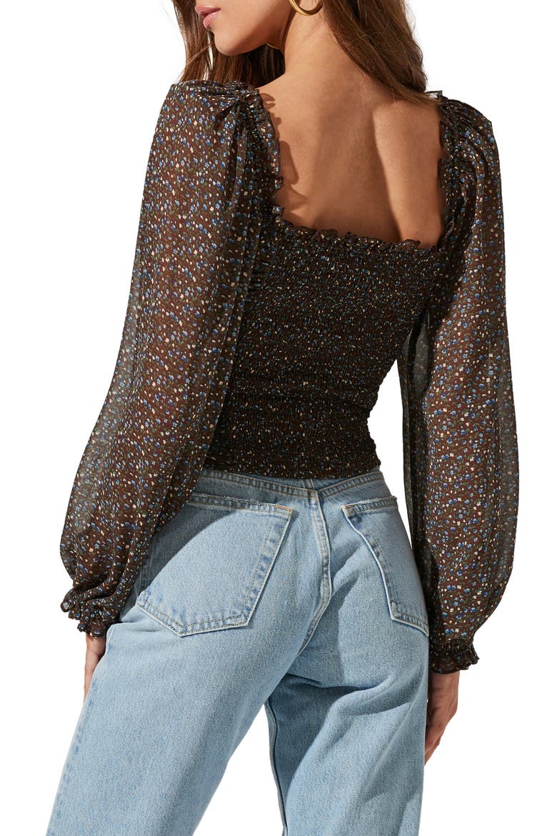 Floral Ruched Sweetheart Neck Top, Alternate, color, BROWN BLUE DITSY