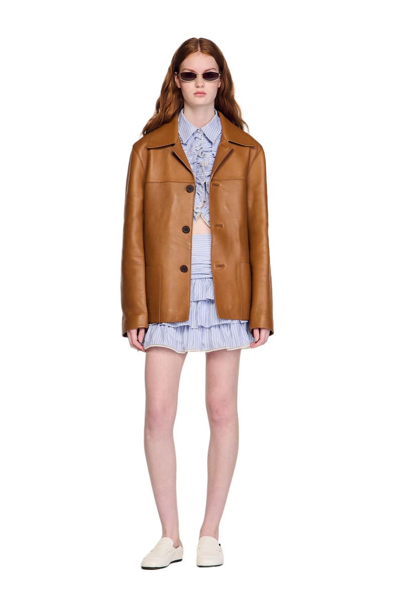 SANDRO Buttoned lambskin jacket, Alternate, color, Camel