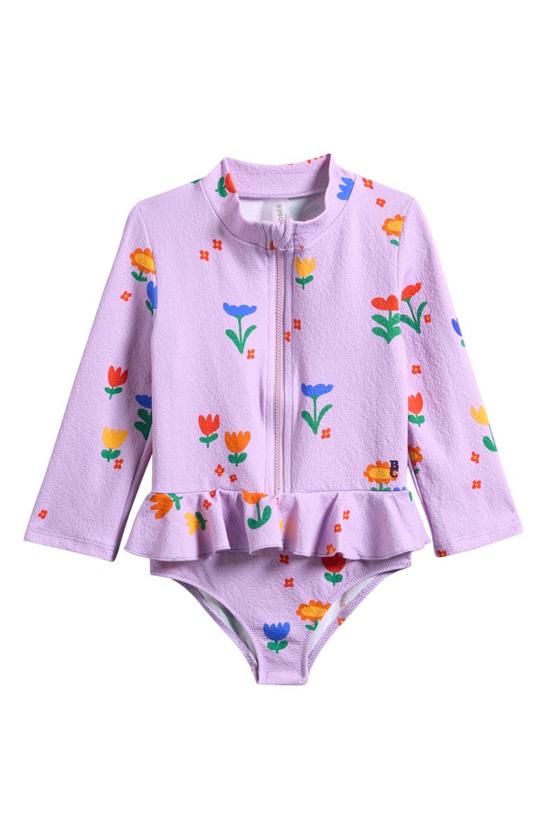 Bobo Choses Garden Party Trim Ruffle Long Sleeve One-Piece Rashguard Swimsuit, Main, color,
