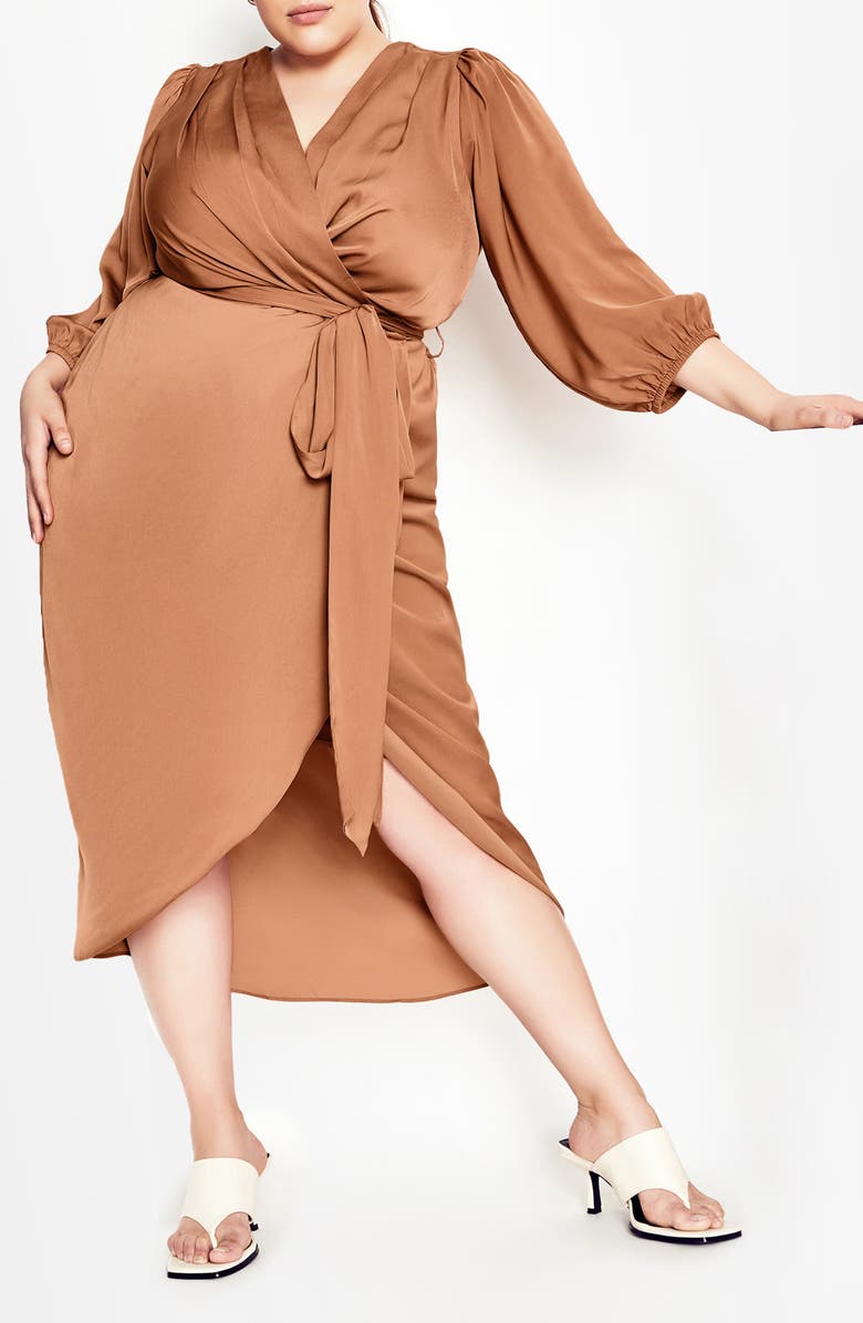City Chic Opulent Faux Wrap Dress, Main, color, Gingerbread