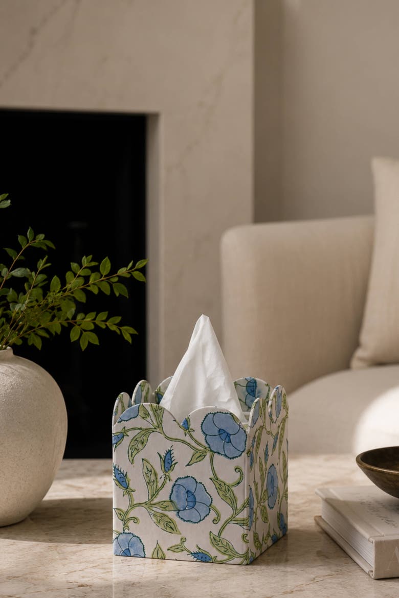 Block Print Tissue Box Cover Collapsible, Alternate, color, Inaya Powder Blue