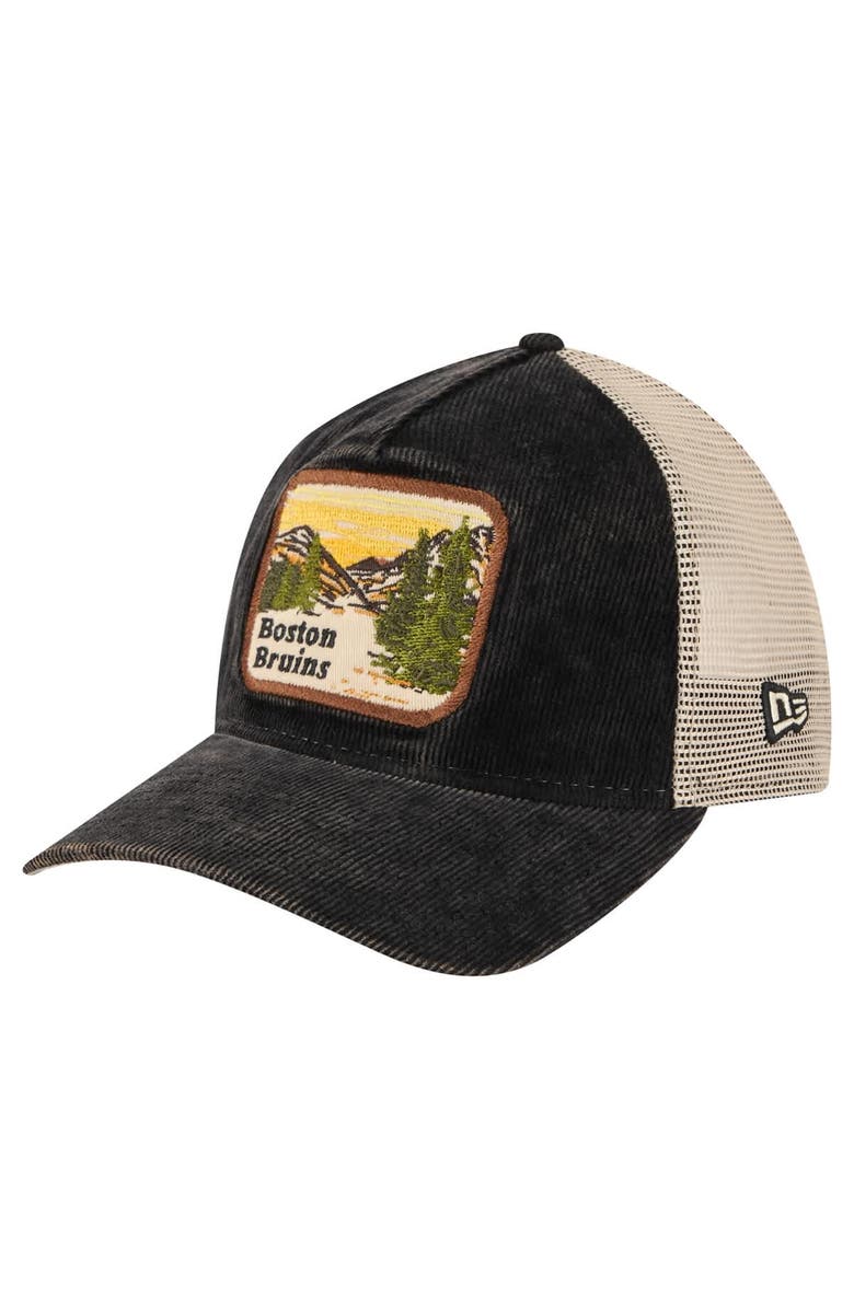 New Era Men's New Era Black/Cream Boston Bruins Vintage Landscape 9TWENTY A-Frame Adjustable Trucker Hat, Alternate, color, Black