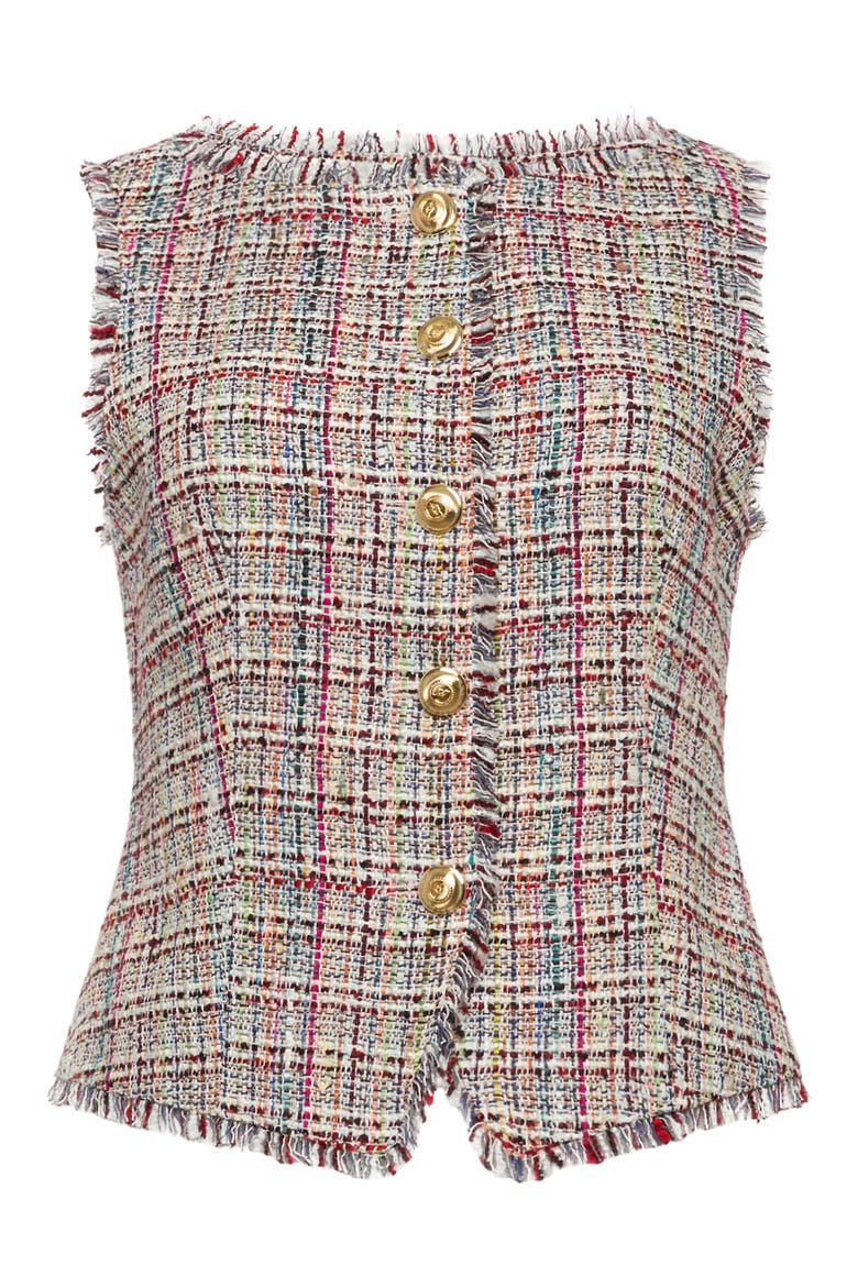 Camen Wildflower Fringe Trim Tweed Vest, Alternate, color, IVORY MULTI