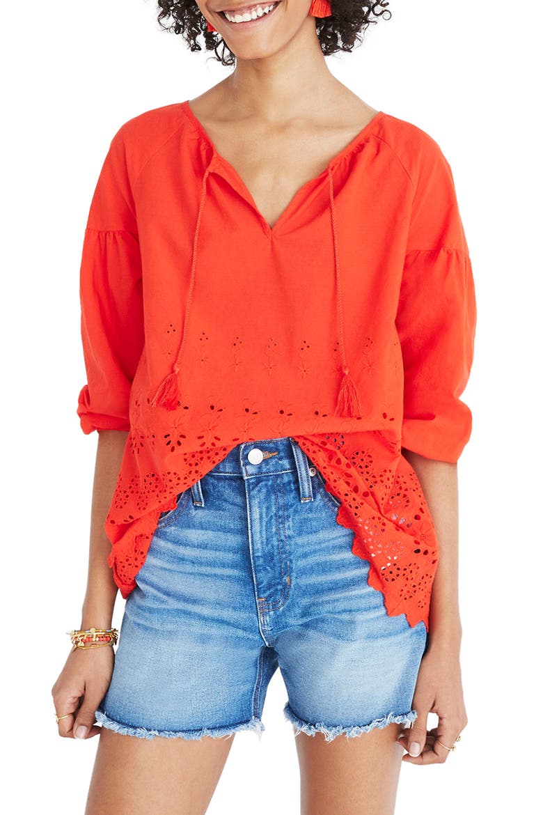 Eyelet Lattice Top, Main, color, BRIGHT POPPY