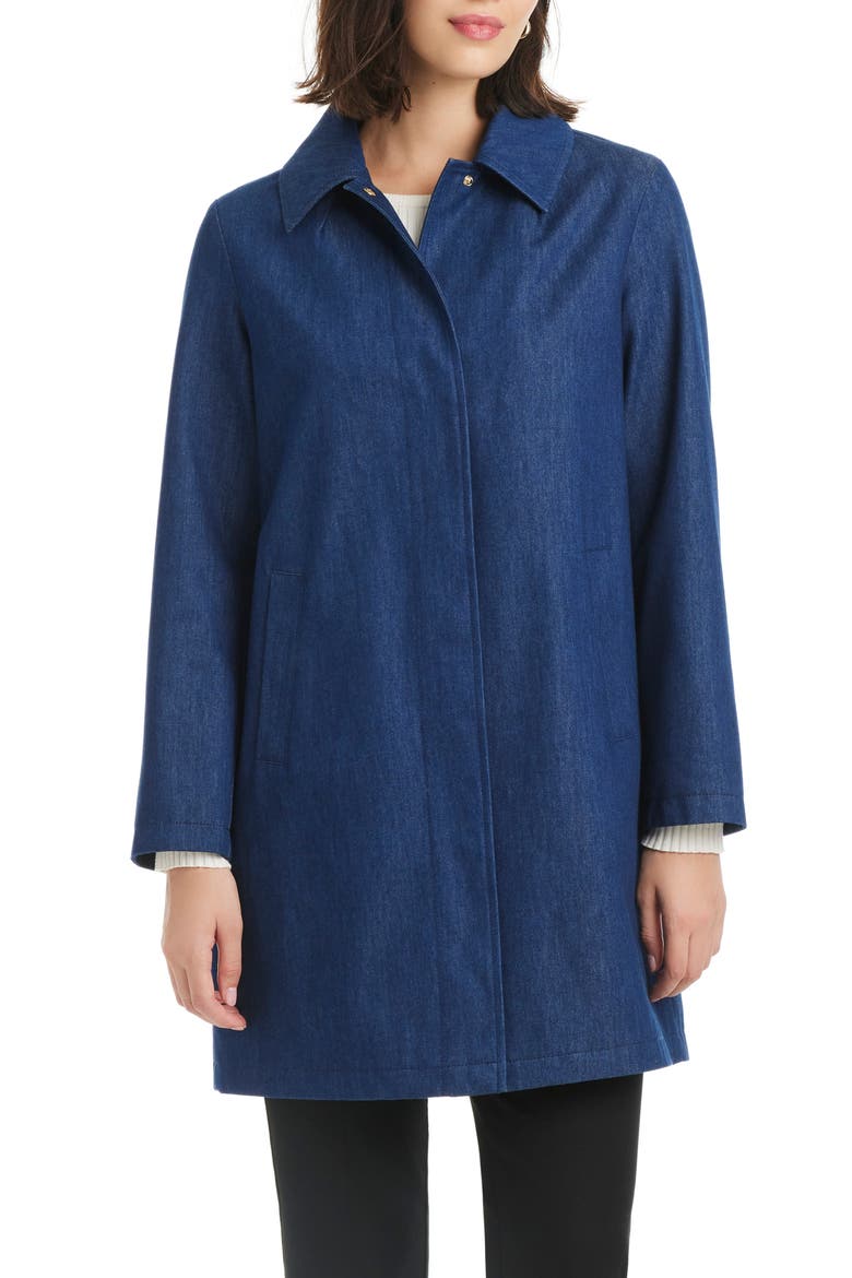 back pleat a-line denim coat, Main, color, DARK DENIM