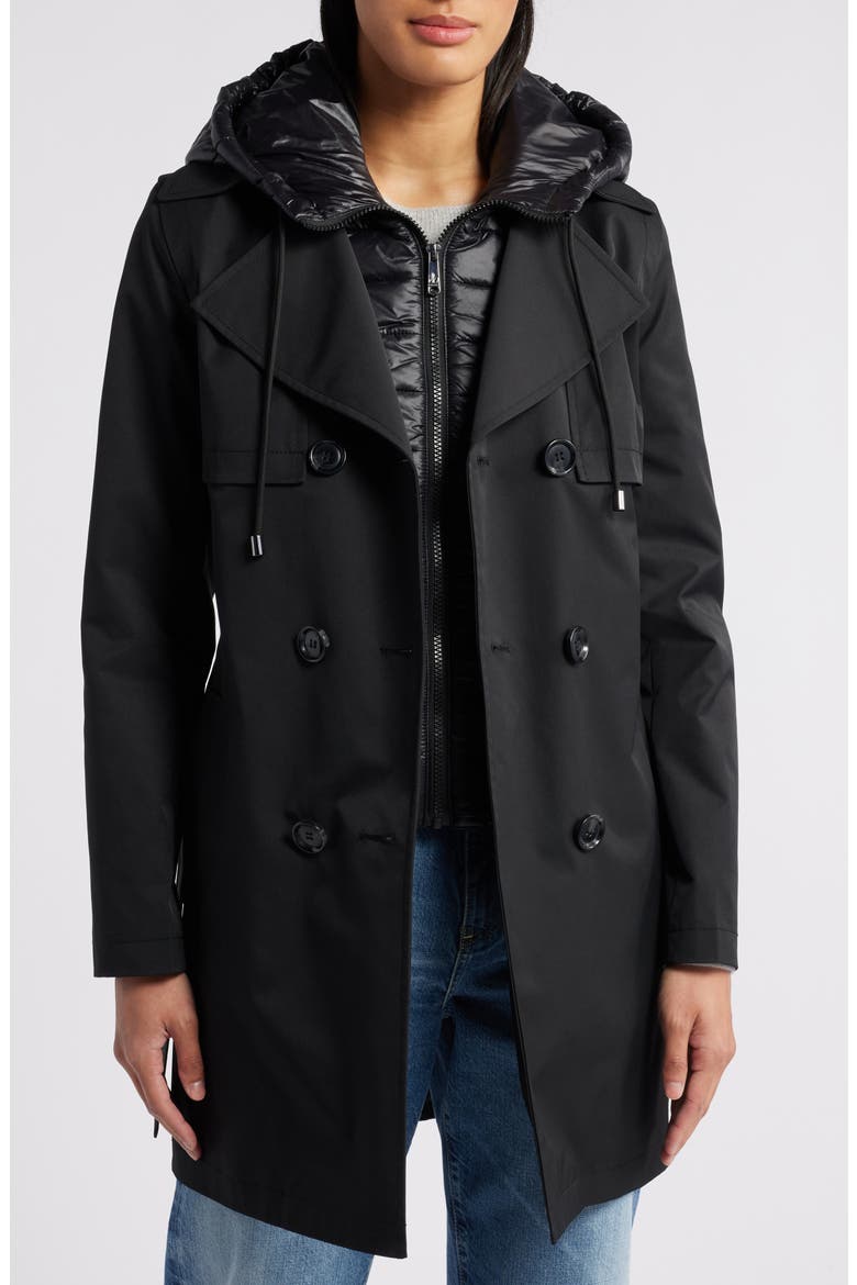 Double Breasted Trench Coat with Removable Hooded Bib, Alternate, color, BLACK