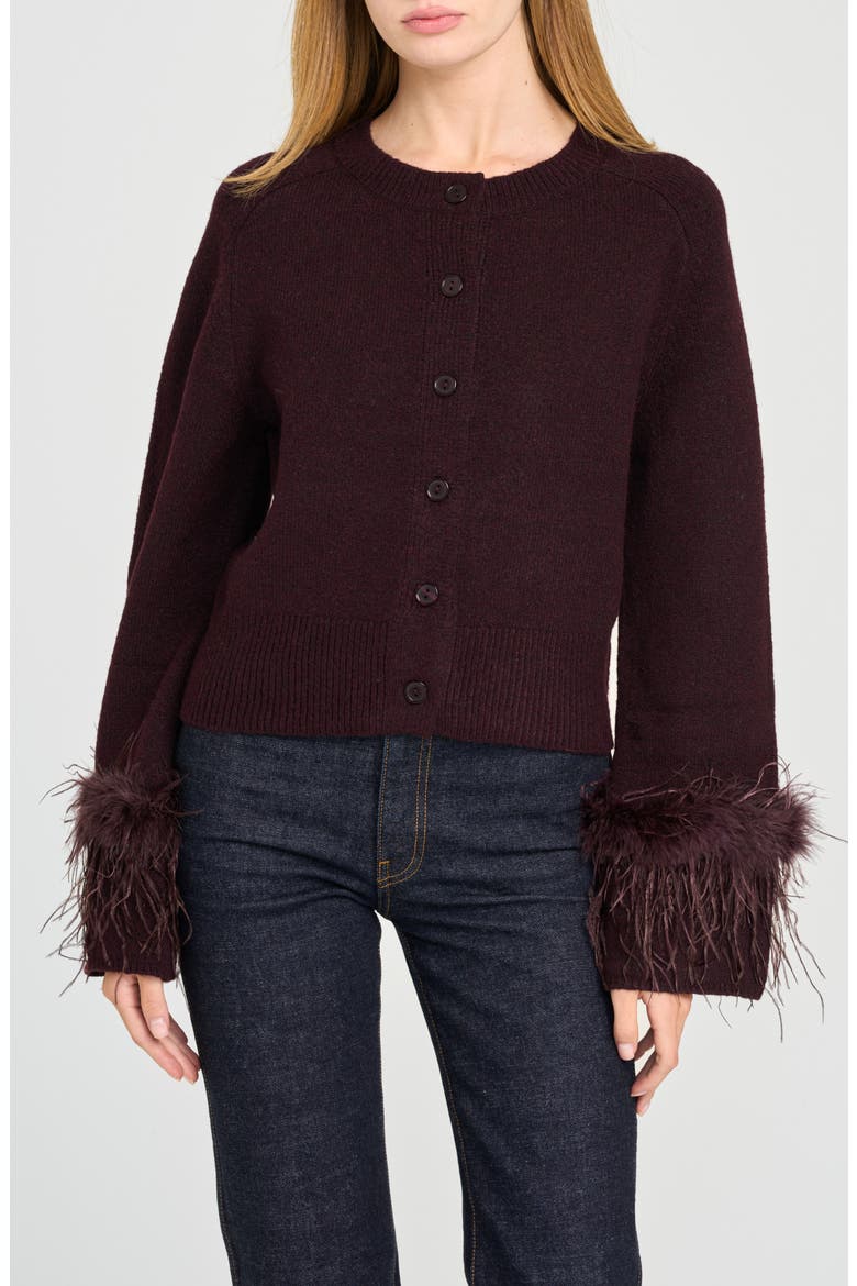 x Rose Lola Prince Feather Trim Cardigan, Main, color, RAISIN