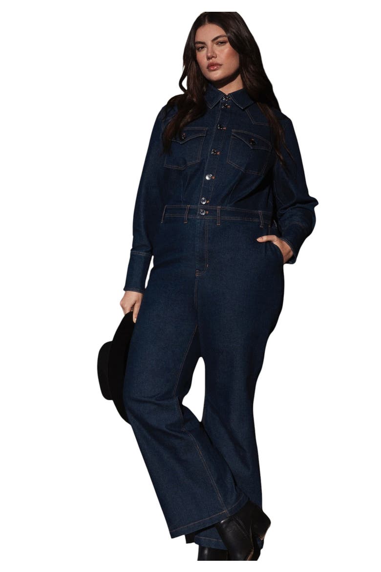 Western Detail Denim Jumpsuit, Alternate, color, DARK WASH