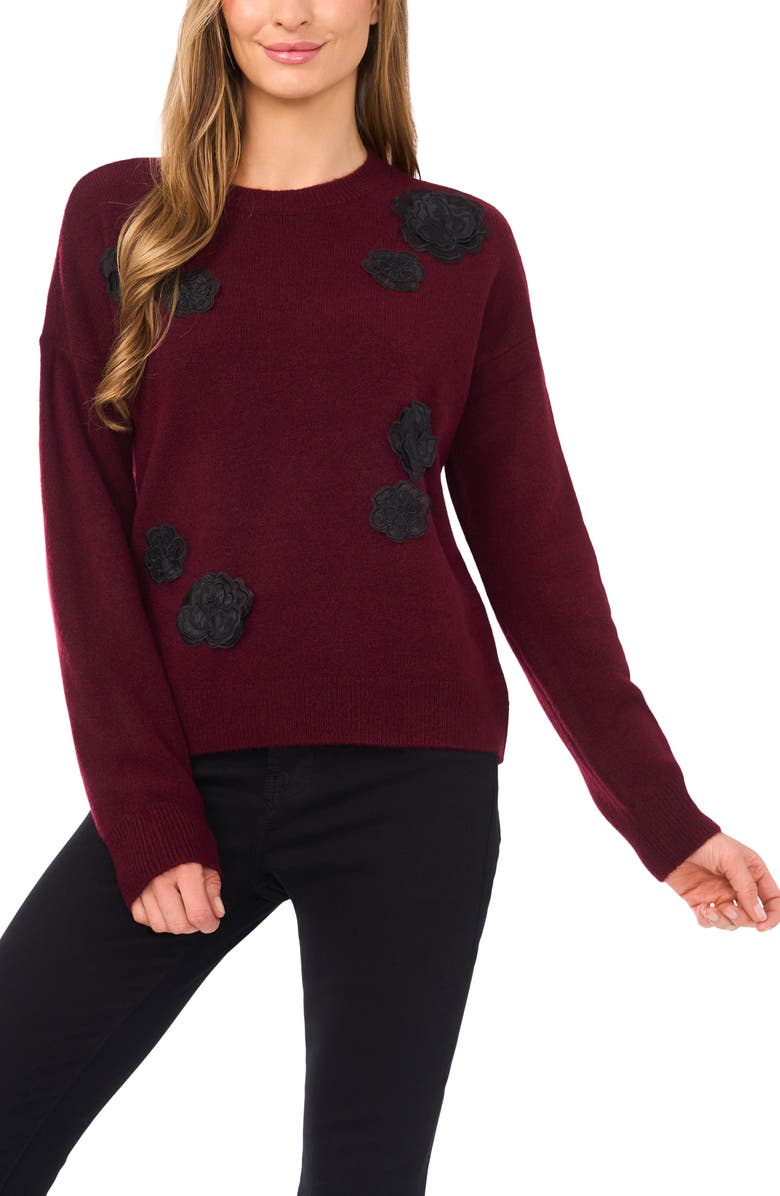 CeCe Floral Appliqué Sweater, Main, color, Wine