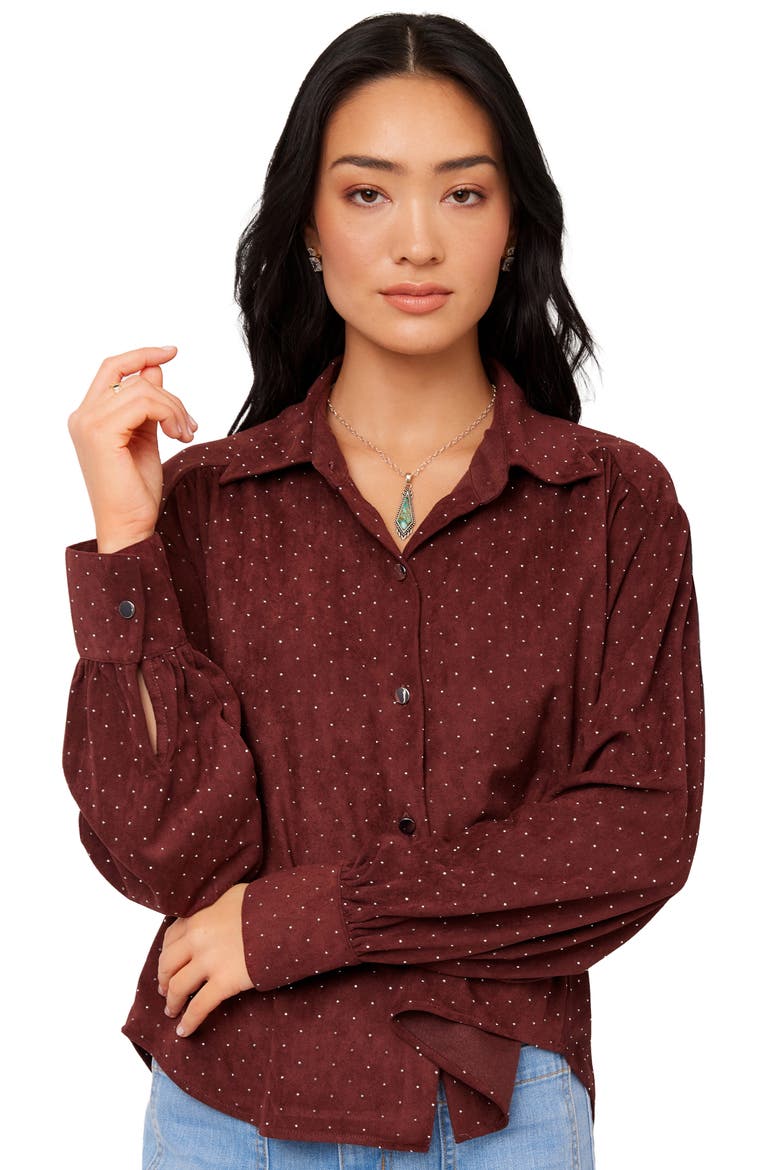 Embellished Faux Suede Shirt, Alternate, color, WINE