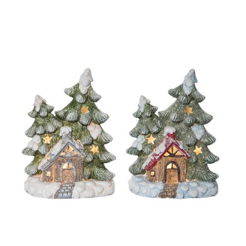 Resin Light Up Woodland Cottage Scene Figurine Set of 2