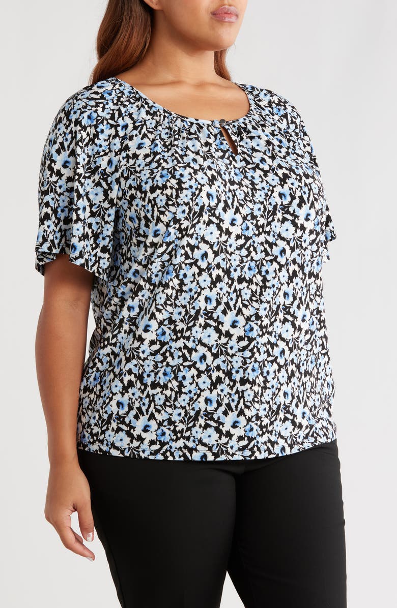 AK ANNE KLEIN Floral Keyhole Peasant Top, Alternate, color, Blue Yonder Multi