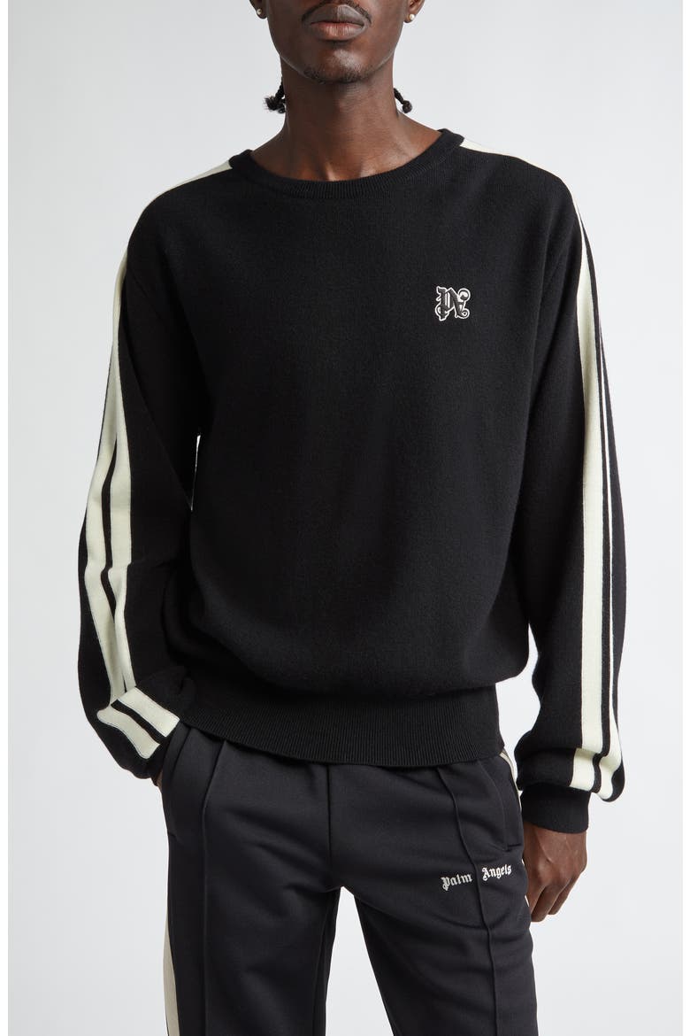 Monogram Track Stripe Crewneck Sweater, Main, color, BLACK OFF WHITE