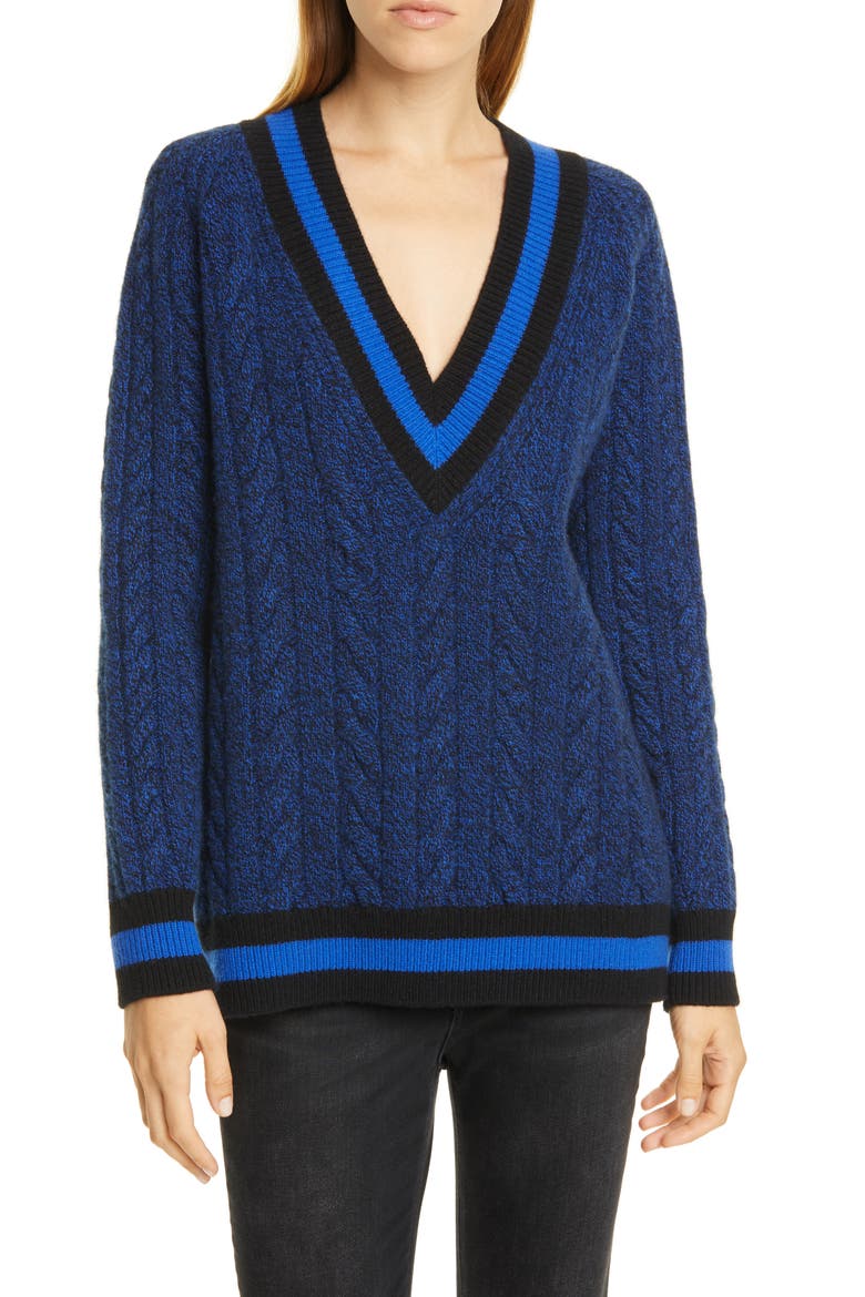 Theon Merino Wool Plunge Neck Tennis Sweater, Main, color, BLUE/ BLACK