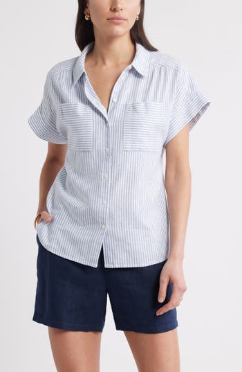 Caslon ® Linen Blend Short Sleeve Button-up Shirt In Blue