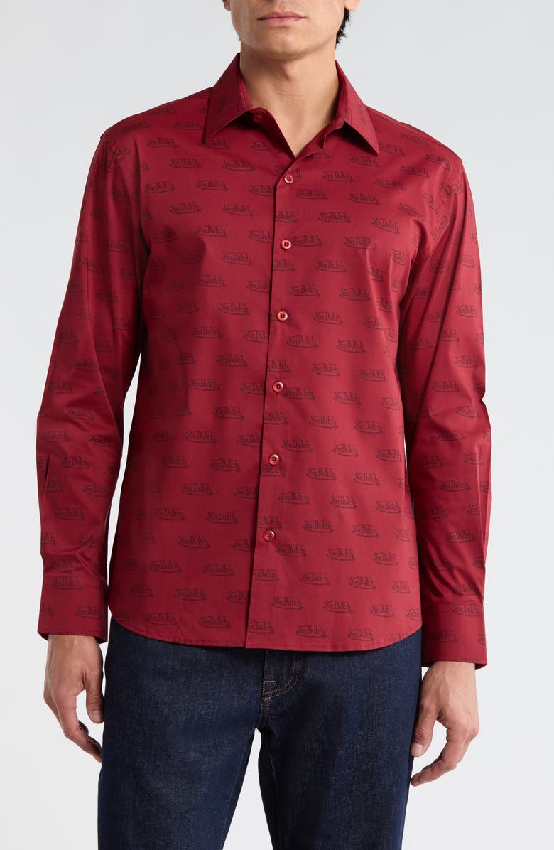 Von Dutch Logo Print Button-Up Shirt, Main, color, Wine Burgundy