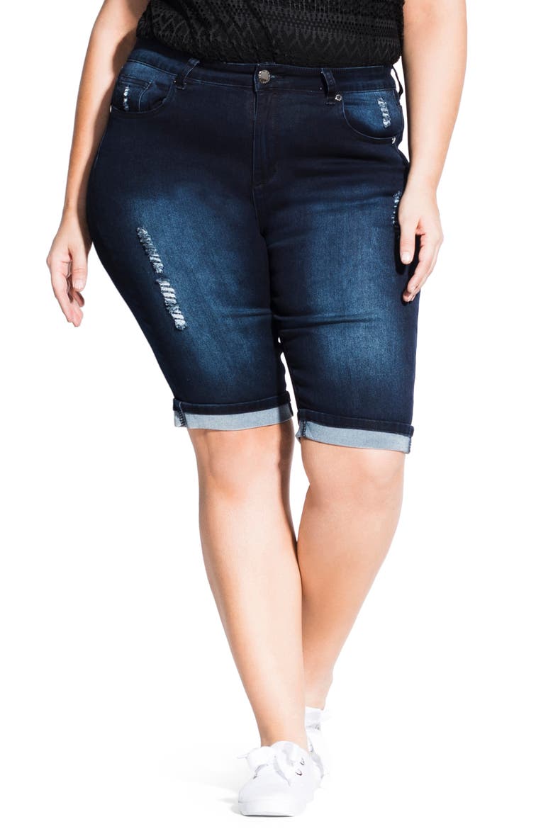 Distressed Denim Bermuda Shorts, Main, color, DARK DENIM