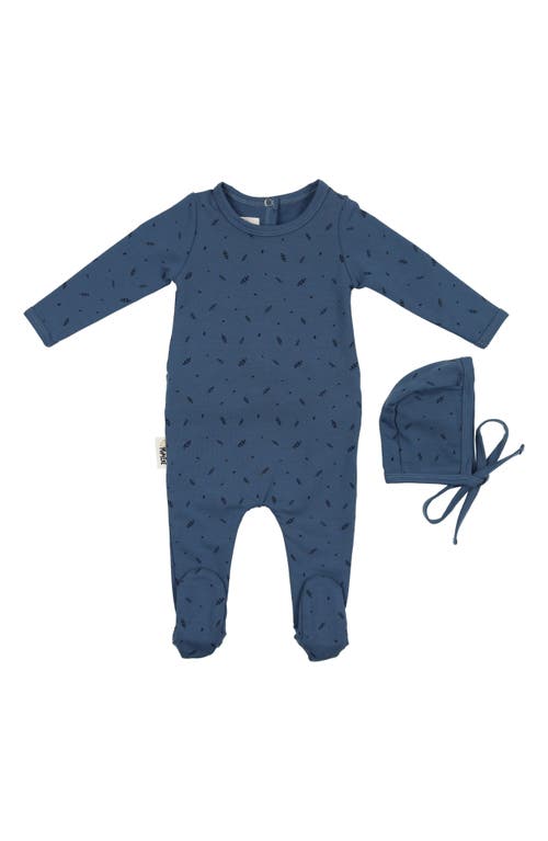 Maniere Manière Elegant Leaves Footie & Hat Set In Blue
