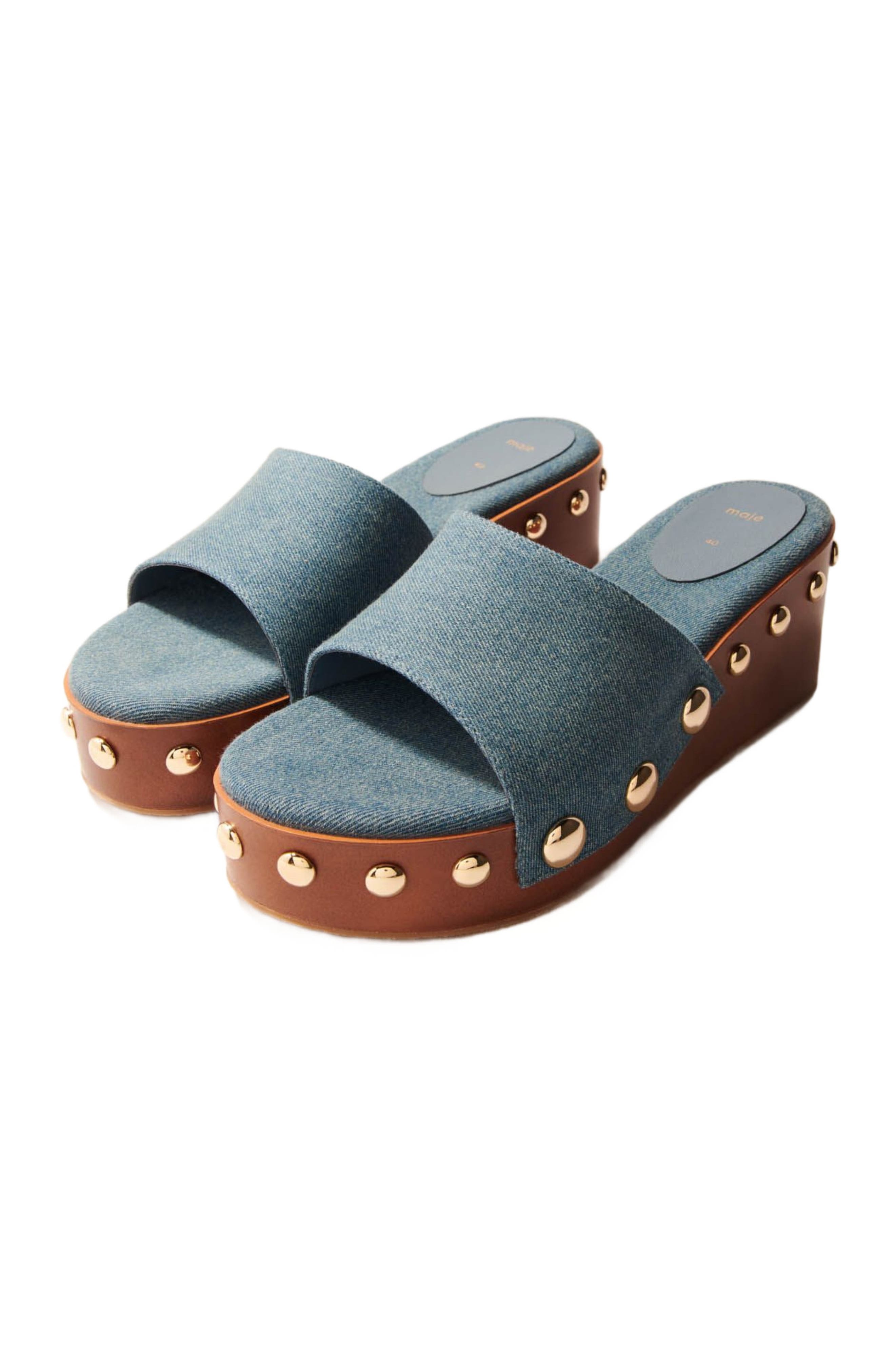 maje Denim studded wedge mules, Alternate, color, 