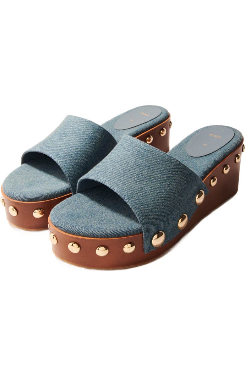 maje Denim studded wedge mules, Alternate, color, Blue Jean