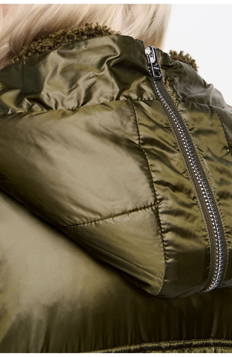 Bimba y Lola Down Jacket With Maxi Neck Faux Shearling Hood, Alternate, color, Dark Khaki